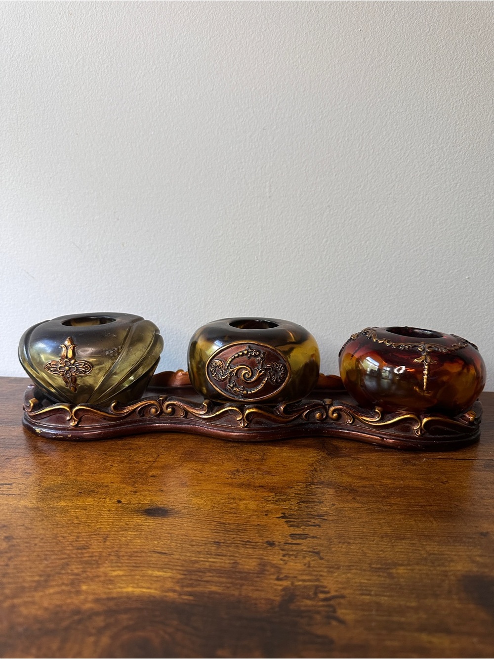 Vintage MCM Hollywood Regency Glass Votive Set - Ornate Ormolu Base - Amber/Red